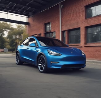 A red Tesla car is positioned in a parking space with marked lines on the asphalt. The car is directly facing forward, showcasing its front grill and headlights. The sky above is partly cloudy, and there is greenery in the background along with some architectural structures.