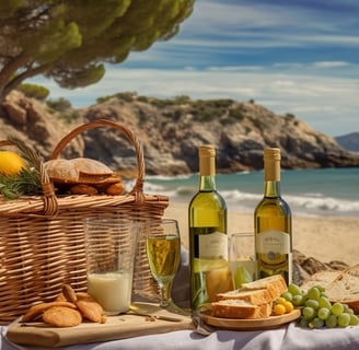 a picnic basket beside food and bottles of wine