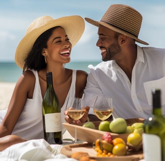 a man and woman drinking wine by the beach