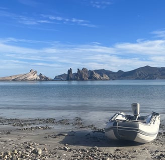 a boat on the shore of a bay