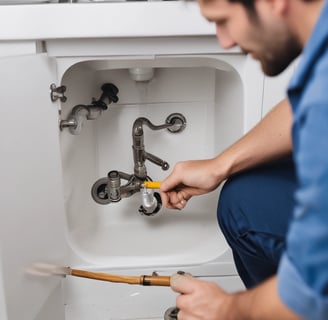 a plumber in a blue shirt is fixing a blocked sink