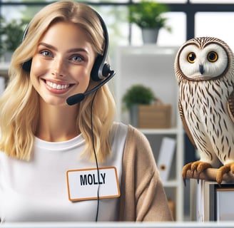 a woman with a headset and a owl