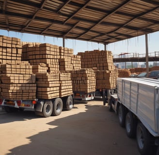 A person stands in an industrial or storage area, surrounded by building materials including wooden pallets, bricks, and a traffic cone. There is a shopping cart nearby and stacks of various construction materials like tiles and sacks are visible in the background.