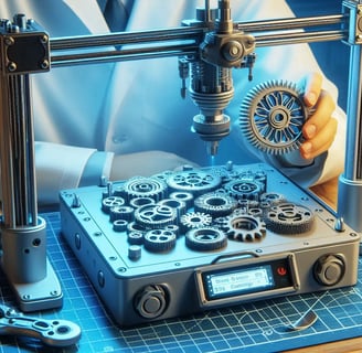 WIKXY Grey coloured, taylormade 3D printed gears on the 3D printer's table. Available at WIKXY 3D Printing in Stoke-on-Trent.