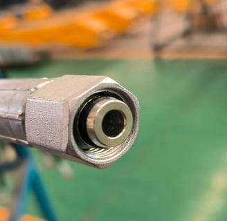 Premium hydraulic connector for log, telescopic, lorry cranes, and forklift jibs. Detail shot.