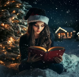 a woman in santa claus hat and santa claus hat reading a book