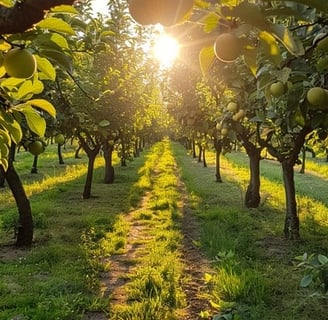 Sunlight coming through the trees in an orchard