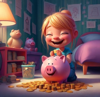 a girl sitting on a bed with a piggy piggy