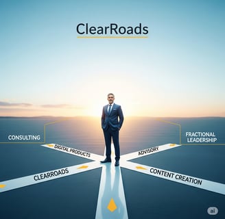 a man in a suit standing on a road with a clear sky