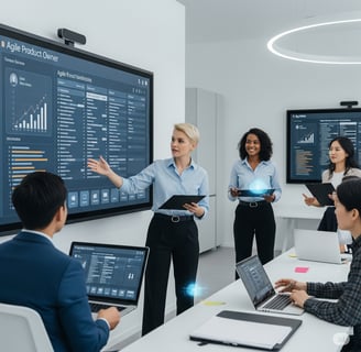 Agile Product Owner guiding a team with a digital roadmap and smart tools in a modern 2025 tech work