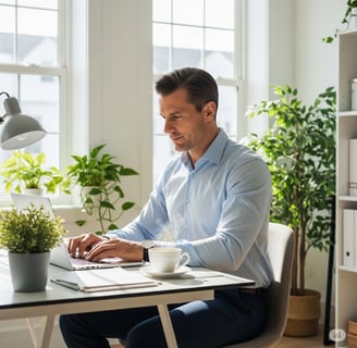a man sitting at a desk with a laptop computer