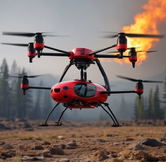 A drone hovers in the sky with a backdrop of rocky terrain. The quadcopter has a sleek, modern design with prominent propellers and a camera mounted at the front. The sky is partially cloudy, creating a serene and airy atmosphere.
