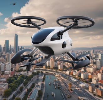 A white drone with black propellers is captured mid-flight against a blurred background of tall glass buildings. The drone has green and yellow lights on its arms and a camera attached to its main body.