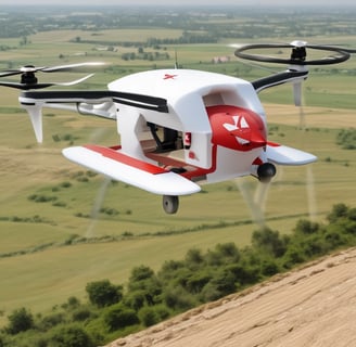 A drone captured in flight against a light sky background. The focus is on the body and propellers, with rotors in motion creating a blur effect. The drone appears sleek and modern, featuring sensors and a camera on the front.