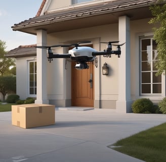 A drone hovers in the air with blurred trees and objects in the background, suggesting an outdoor setting. The drone's design includes visible propellers and a camera mounted at the front, indicating its potential use for aerial photography or videography.