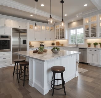 A kitchen interior featuring a modern design with a wooden countertop and a sleek sink. Wall decorations include a larger circular artwork and four smaller plates with artistic designs. An orchid plant and a decorative vase are placed near the window, adding a touch of elegance.