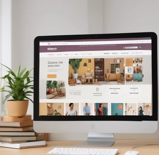 A laptop displaying a webpage with several interior design images is placed on a wooden table. Behind it, a gray couch and a round mirror on the wall can be seen, suggesting a cozy room setup. Soft lighting filters through sheer curtains in the background.