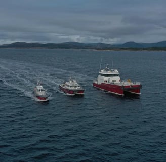 three boats in the water with mountains in the background
