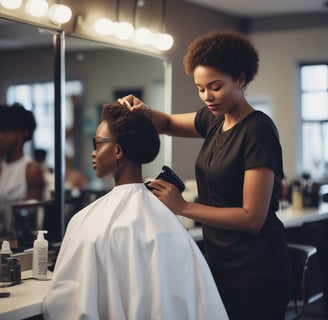 A barbershop interior features vintage-style barber chairs with white and black leather, positioned in front of a wooden floor. The walls are adorned with black-and-white photographs, and a glass panel with the logo and name 'SALA DE BARBA' provides a view into the well-organized space.