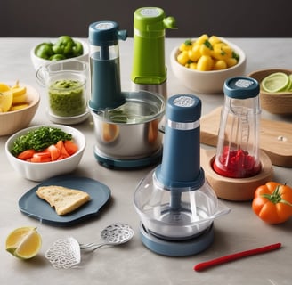 A collection of various kitchen utensils hanging from hooks on a metal rack. The utensils include a whisk, ladles, spatula, and grater, all made of metal. The arrangement is organized and illuminated by a soft, focused light creating a reflective sheen.