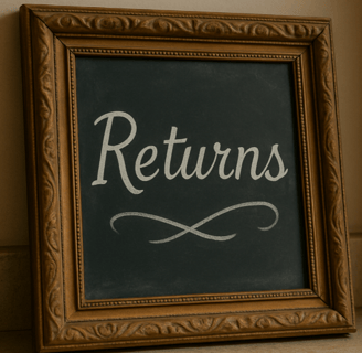 a chalkboard sign that says returns