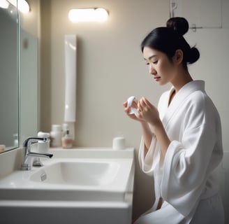 a woman in a robe is holding a cup of coffee