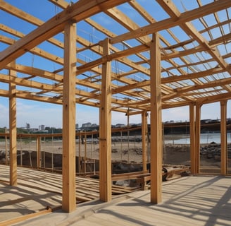 An intricate construction site with a complex framework of red steel beams and scaffolding stands prominently. Several white structural supports and yellow braces are visible, indicating an ongoing building project. The foreground displays signage in a language suggesting construction of luxury apartments.