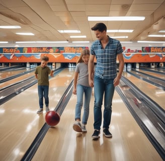 A man is bowling in a bowling alley with his family
