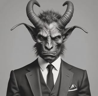 a man in a suit and tie with a devil's headdress