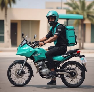A delivery person dressed in green attire and a face mask is interacting with a mobile device while checking a matching green delivery bag. The background features a tree-lined street with buildings and vehicles, suggesting an urban setting.