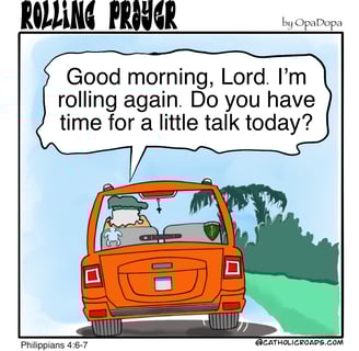 Cartoon man in his car beginning a prayer conversation with God.