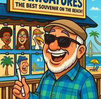 An older guy, a caricature artist, at a caricature booth at the beach.