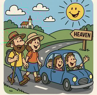 A cartoon image of people riding and walking on the Holy Highway. Every day is a Road Trip!