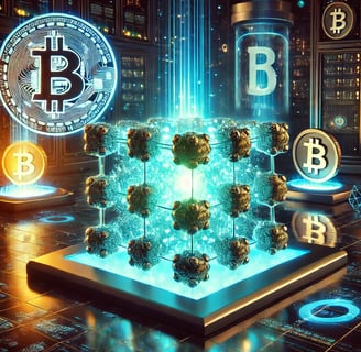 a blockchaik with bitcoin and bitcoin symbols