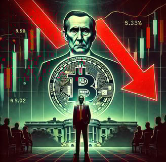a man in a suit and tie standing in front of a large bitcoin