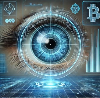 a person with a futuristic eye looking at a bitcoin