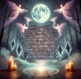 Wandering, lost, grieving ghosts and spirits in a forest, gathered around a magical symbol spellcast