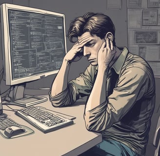 A man sitting at a desk with a computer monitor and a keyboard looking confused