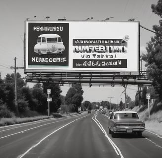 a car driving down a highway with a billboard board