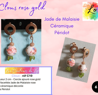 Boucles clous rose gold Jade de Malaisie céramique décorée Péridot Les Couleurs de Lo
