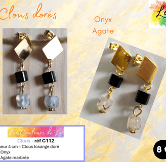 Boucles clous losange dorés Onyx Agate marbrée Les Couleurs de Lo