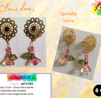 Boucles clous fleur dorée Spinelle rose fleur verre Les Couleurs de Lo