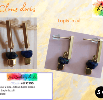 Boucles clous barre dorée Lapis lazuli cube acier doré Les Couleurs de Lo