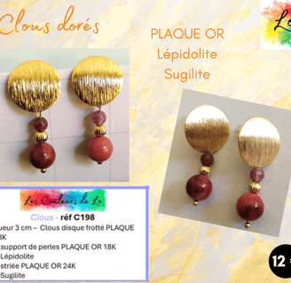Boucles clous disque Plaqué or Lépidolite Sugilite Les Couleurs de Lo
