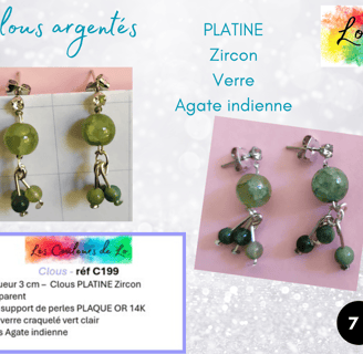 Boucles clous Platine Zircon verre craquelé vert Agate indienne Les Couleurs de Lo