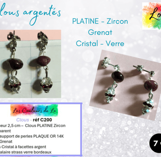 Boucles clous Platine Zircon Grenat verre argenté strass bordeaux Les Couleurs de Lo