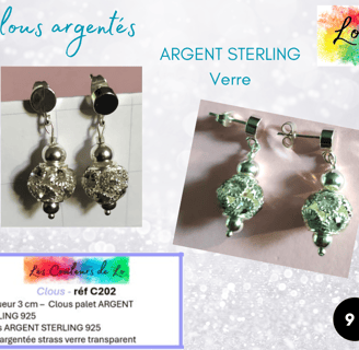 Boucles clous Argent sterling strass verre transparent perles Argent sterling Les Couleurs de Lo