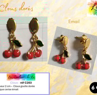 Boucles clous goutte dorée cerise émail Les Couleurs de Lo