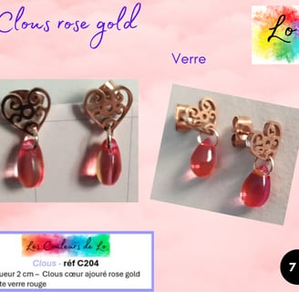 Boucles clous cœur ajouré rose gold goutte verre rouge Les Couleurs de Lo