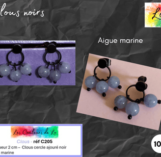 Boucles clous cercle noir ajouré Aigue marine Les Couleurs de Lo